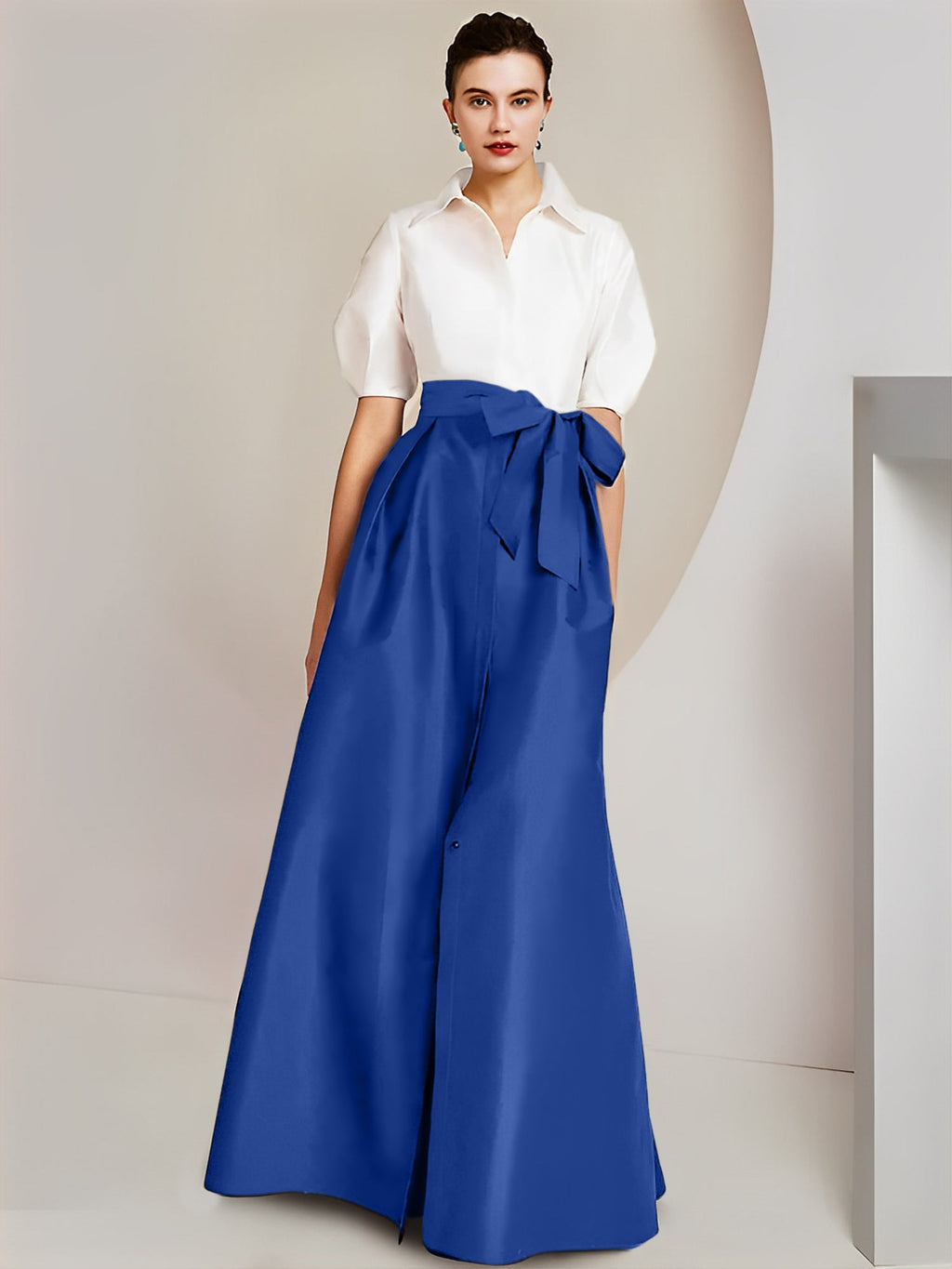 Robes de mère de la mariée 2 pièces, coupe trapèze/princesse, col chemise, manches courtes 
