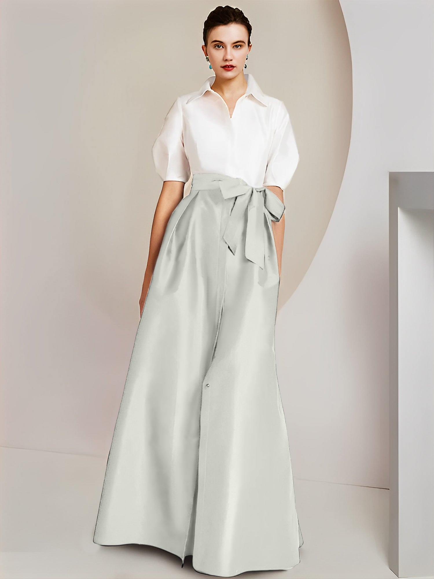 Robes de mère de la mariée 2 pièces, coupe trapèze/princesse, col chemise, manches courtes 