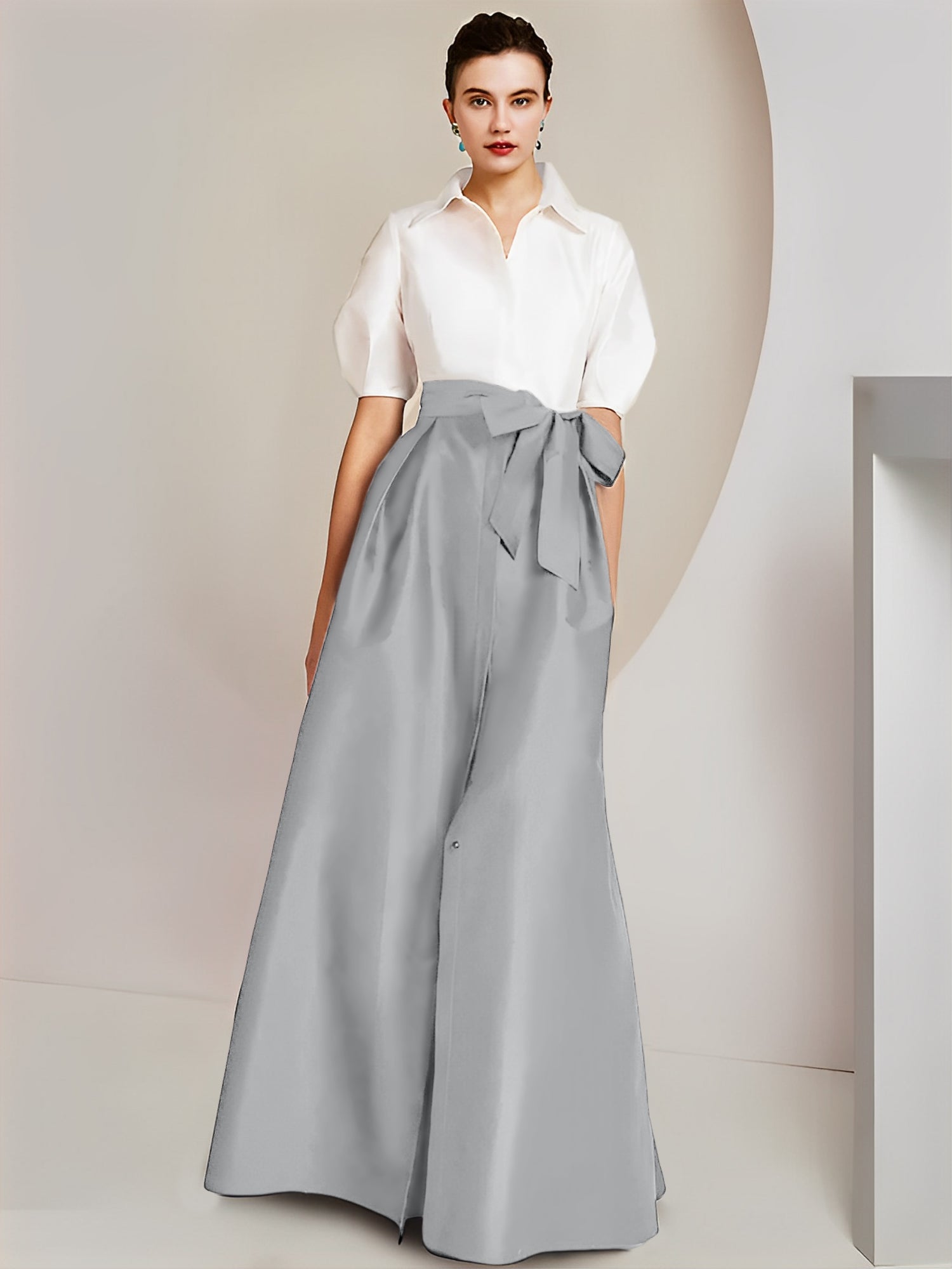 Robes de mère de la mariée 2 pièces, coupe trapèze/princesse, col chemise, manches courtes 