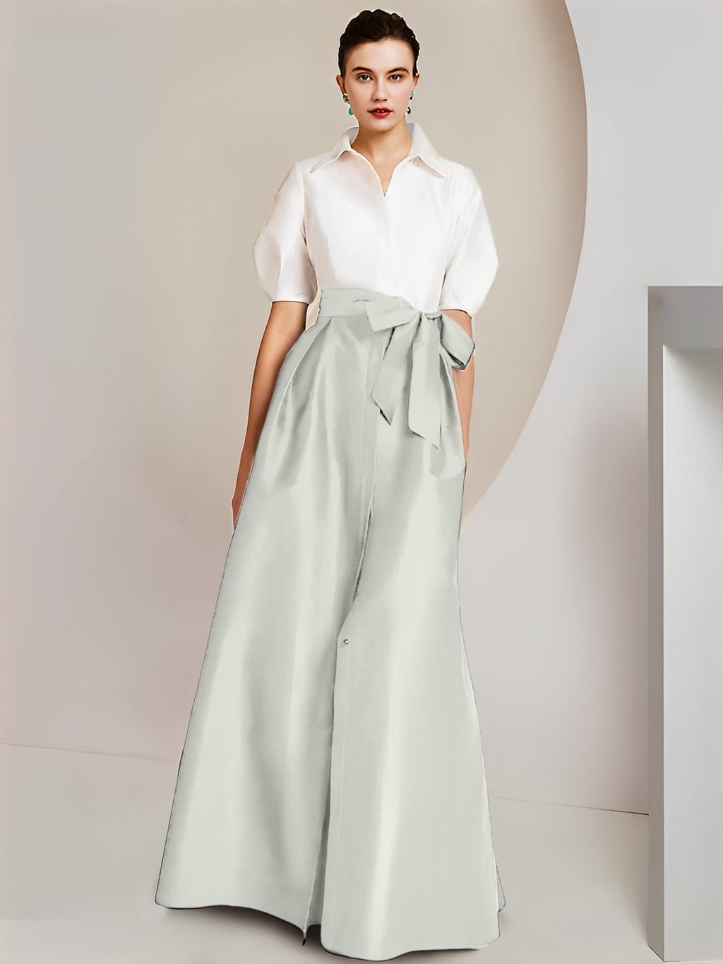 Robes de mère de la mariée 2 pièces, coupe trapèze/princesse, col chemise, manches courtes 