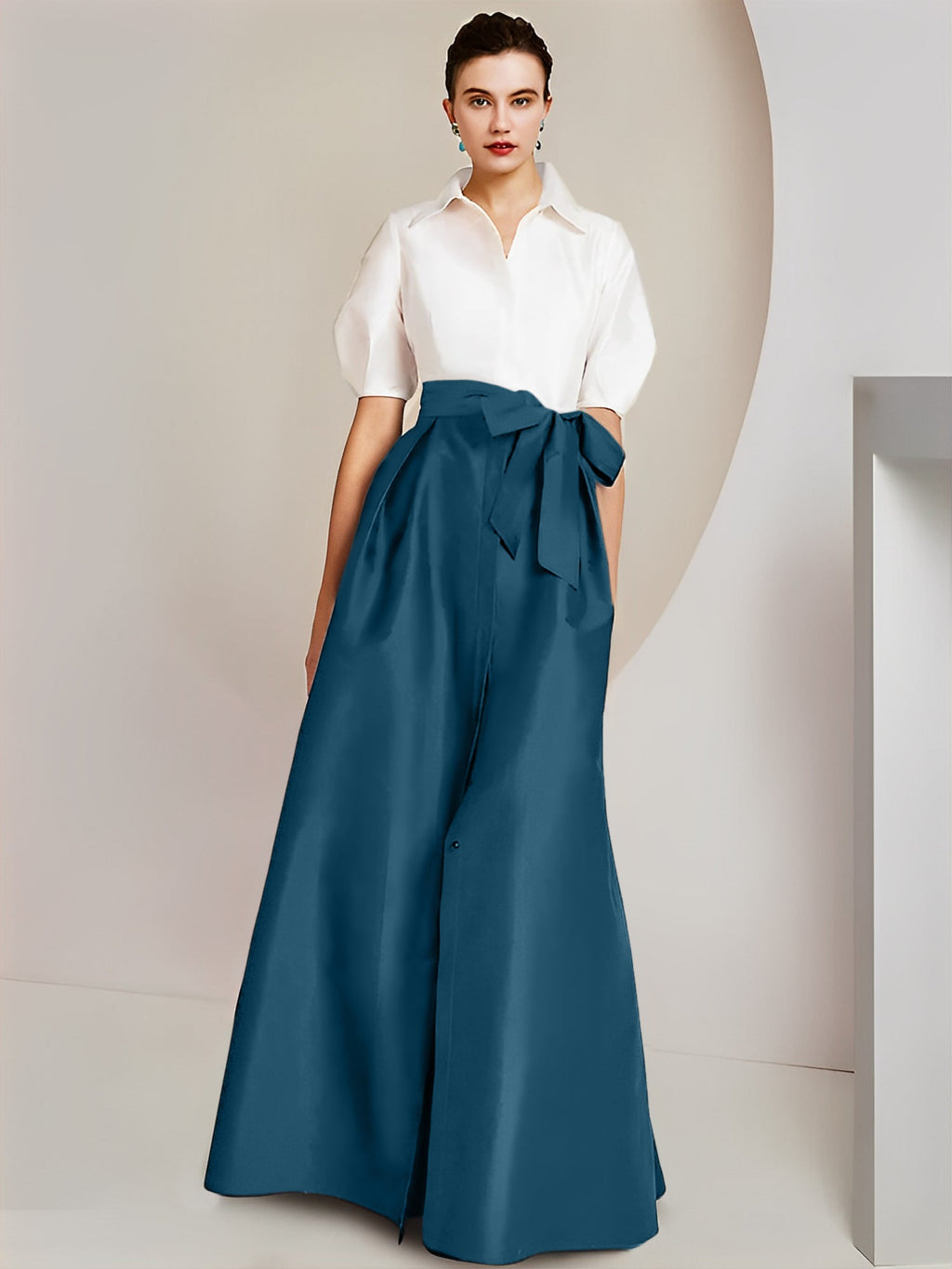Robes de mère de la mariée 2 pièces, coupe trapèze/princesse, col chemise, manches courtes 