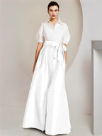 Robes de mère de la mariée 2 pièces, coupe trapèze/princesse, col chemise, manches courtes 