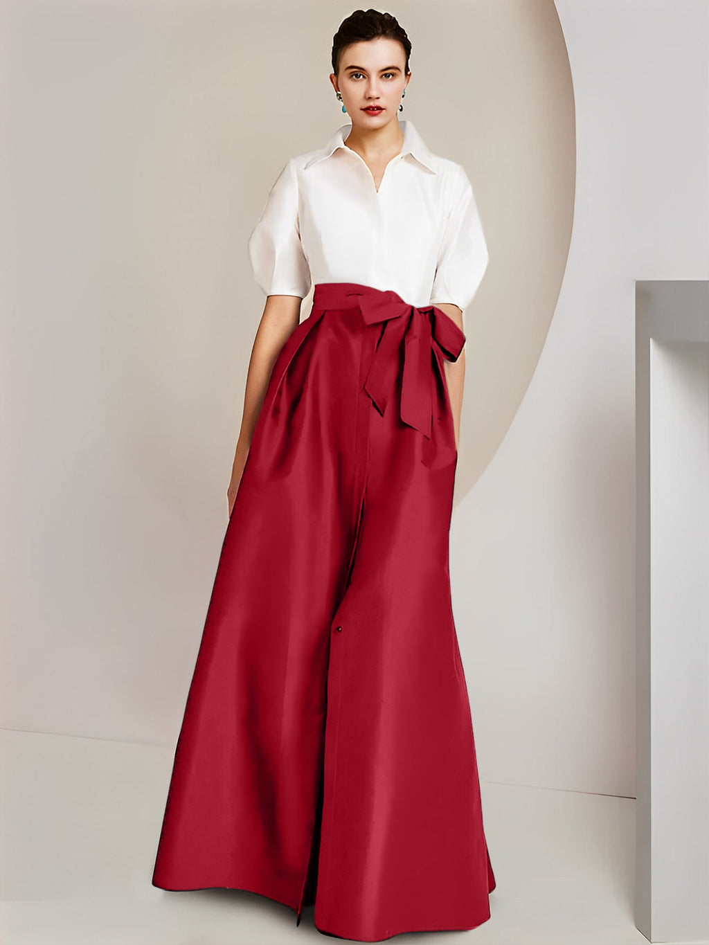 Robes de mère de la mariée 2 pièces, coupe trapèze/princesse, col chemise, manches courtes 