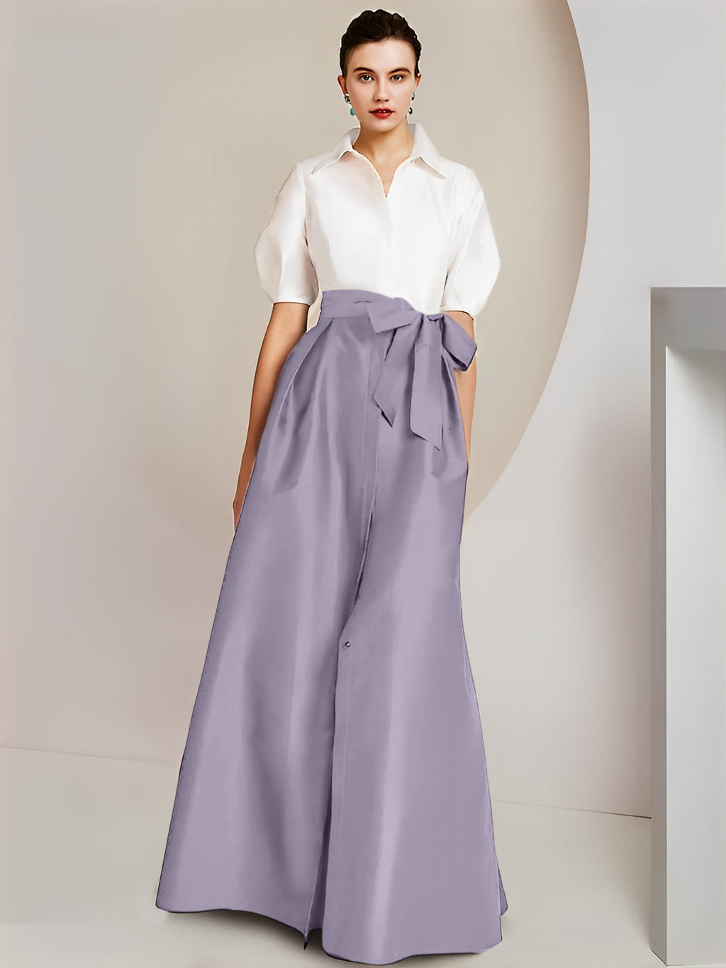 Robes de mère de la mariée 2 pièces, coupe trapèze/princesse, col chemise, manches courtes 
