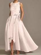 Vestidos de corte princesa/línea A para la madre de la novia, sin mangas, con cuello joya y encaje plisado. 