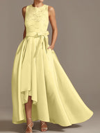 Vestidos de corte princesa/línea A para la madre de la novia, sin mangas, con cuello joya y encaje plisado. 