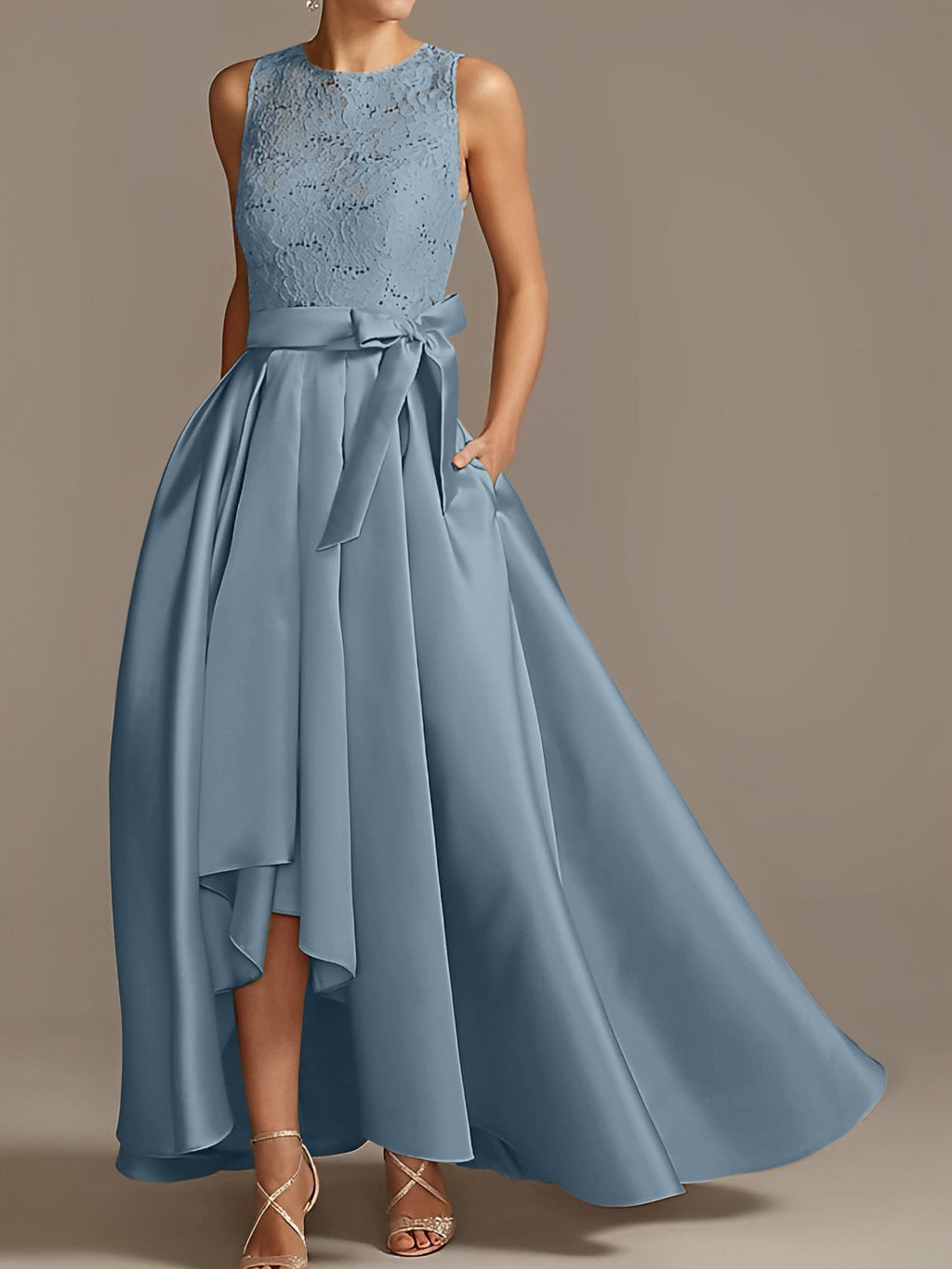 Vestidos de corte princesa/línea A para la madre de la novia, sin mangas, con cuello joya y encaje plisado. 