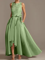 Vestidos de corte princesa/línea A para la madre de la novia, sin mangas, con cuello joya y encaje plisado. 
