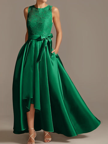 Vestidos de corte princesa/línea A para la madre de la novia, sin mangas, con cuello joya y encaje plisado. 