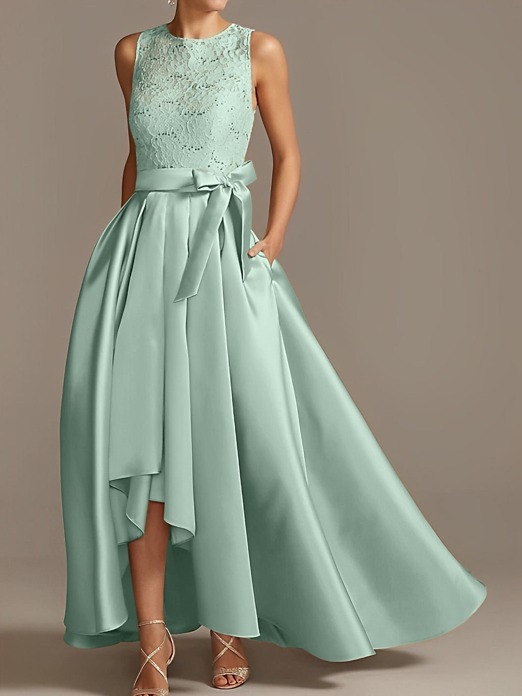 Vestidos de corte princesa/línea A para la madre de la novia, sin mangas, con cuello joya y encaje plisado. 