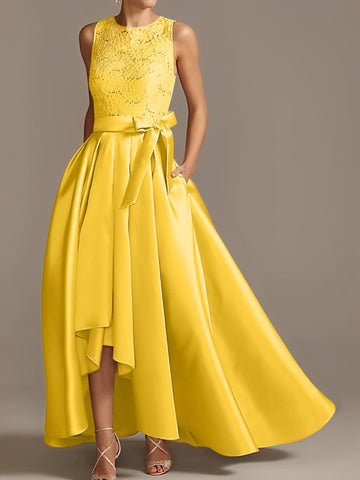 Vestidos de corte princesa/línea A para la madre de la novia, sin mangas, con cuello joya y encaje plisado. 