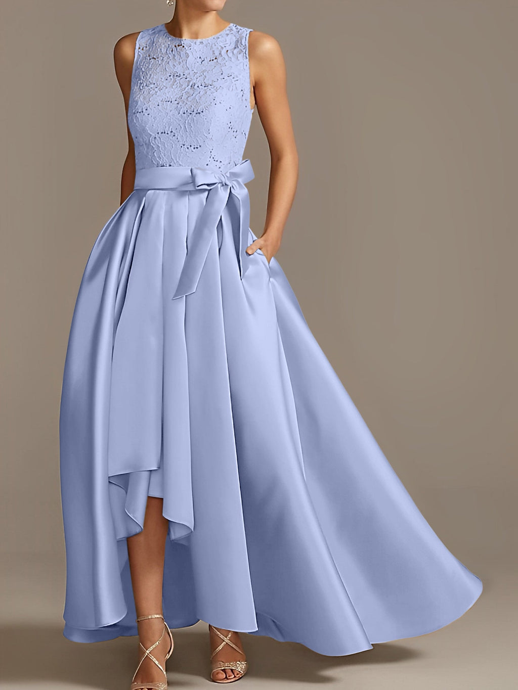 Vestidos de corte princesa/línea A para la madre de la novia, sin mangas, con cuello joya y encaje plisado. 