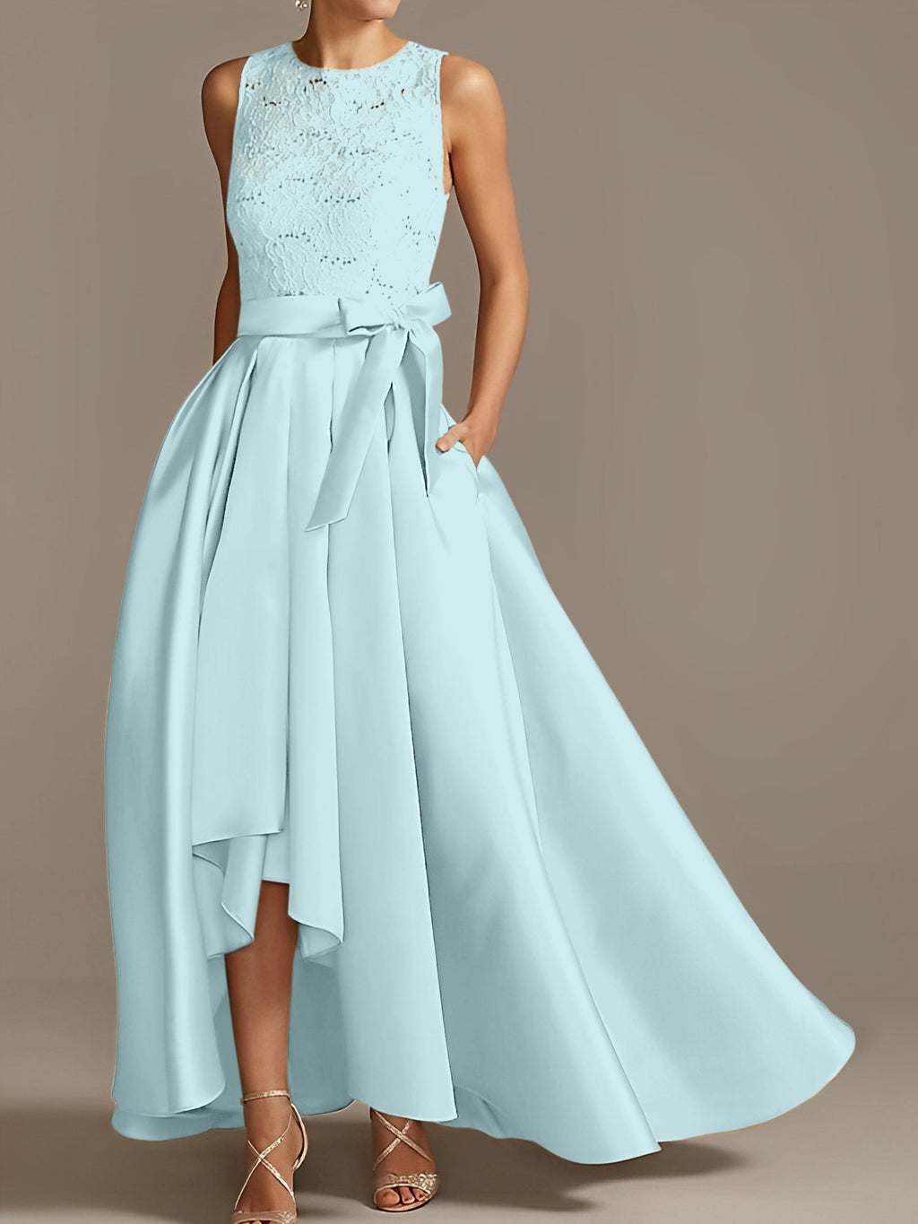 Vestidos de corte princesa/línea A para la madre de la novia, sin mangas, con cuello joya y encaje plisado. 