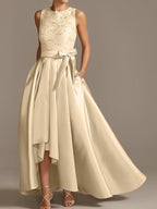 Vestidos de corte princesa/línea A para la madre de la novia, sin mangas, con cuello joya y encaje plisado. 