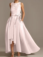 Vestidos de corte princesa/línea A para la madre de la novia, sin mangas, con cuello joya y encaje plisado. 