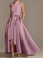 Vestidos de corte princesa/línea A para la madre de la novia, sin mangas, con cuello joya y encaje plisado. 