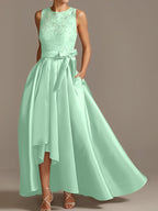 Vestidos de corte princesa/línea A para la madre de la novia, sin mangas, con cuello joya y encaje plisado. 