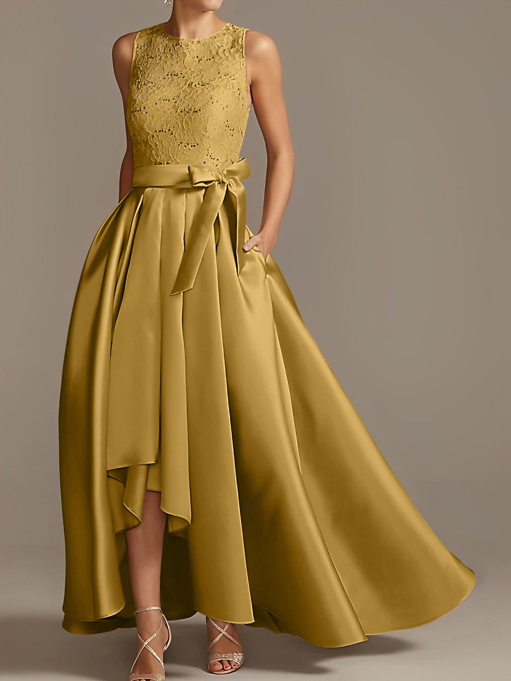 Vestidos de corte princesa/línea A para la madre de la novia, sin mangas, con cuello joya y encaje plisado. 