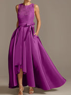 Vestidos de corte princesa/línea A para la madre de la novia, sin mangas, con cuello joya y encaje plisado. 