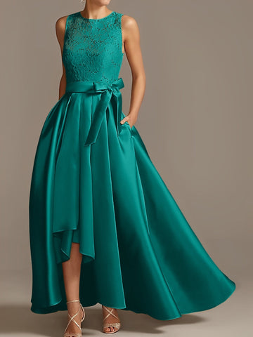 Vestidos de corte princesa/línea A para la madre de la novia, sin mangas, con cuello joya y encaje plisado. 