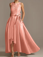 Vestidos de corte princesa/línea A para la madre de la novia, sin mangas, con cuello joya y encaje plisado. 