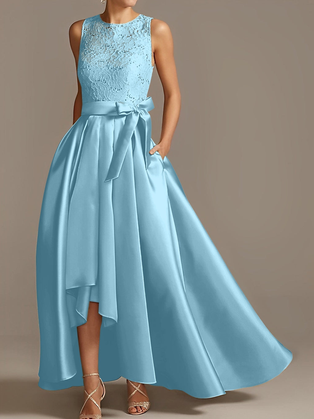 Vestidos de corte princesa/línea A para la madre de la novia, sin mangas, con cuello joya y encaje plisado. 