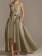 Vestidos de corte princesa/línea A para la madre de la novia, sin mangas, con cuello joya y encaje plisado. 