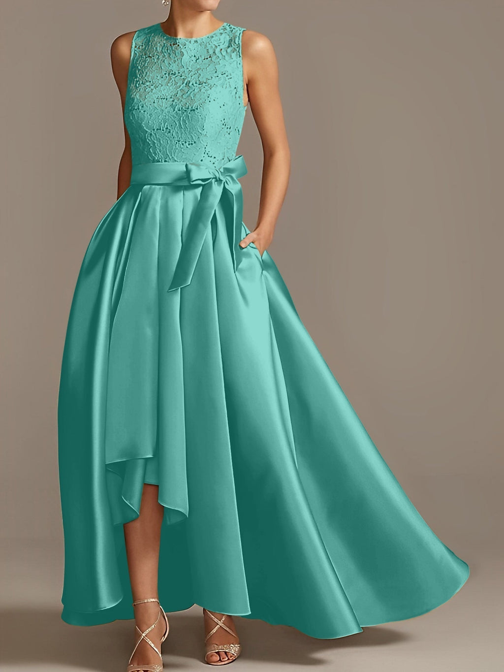 Vestidos de corte princesa/línea A para la madre de la novia, sin mangas, con cuello joya y encaje plisado. 