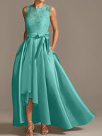 Vestidos de corte princesa/línea A para la madre de la novia, sin mangas, con cuello joya y encaje plisado. 