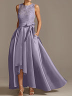 Vestidos de corte princesa/línea A para la madre de la novia, sin mangas, con cuello joya y encaje plisado. 