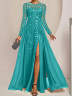 Vestidos de corte princesa/línea A para la madre de la novia, largos hasta el suelo, con abertura lateral, volantes y lentejuelas. 