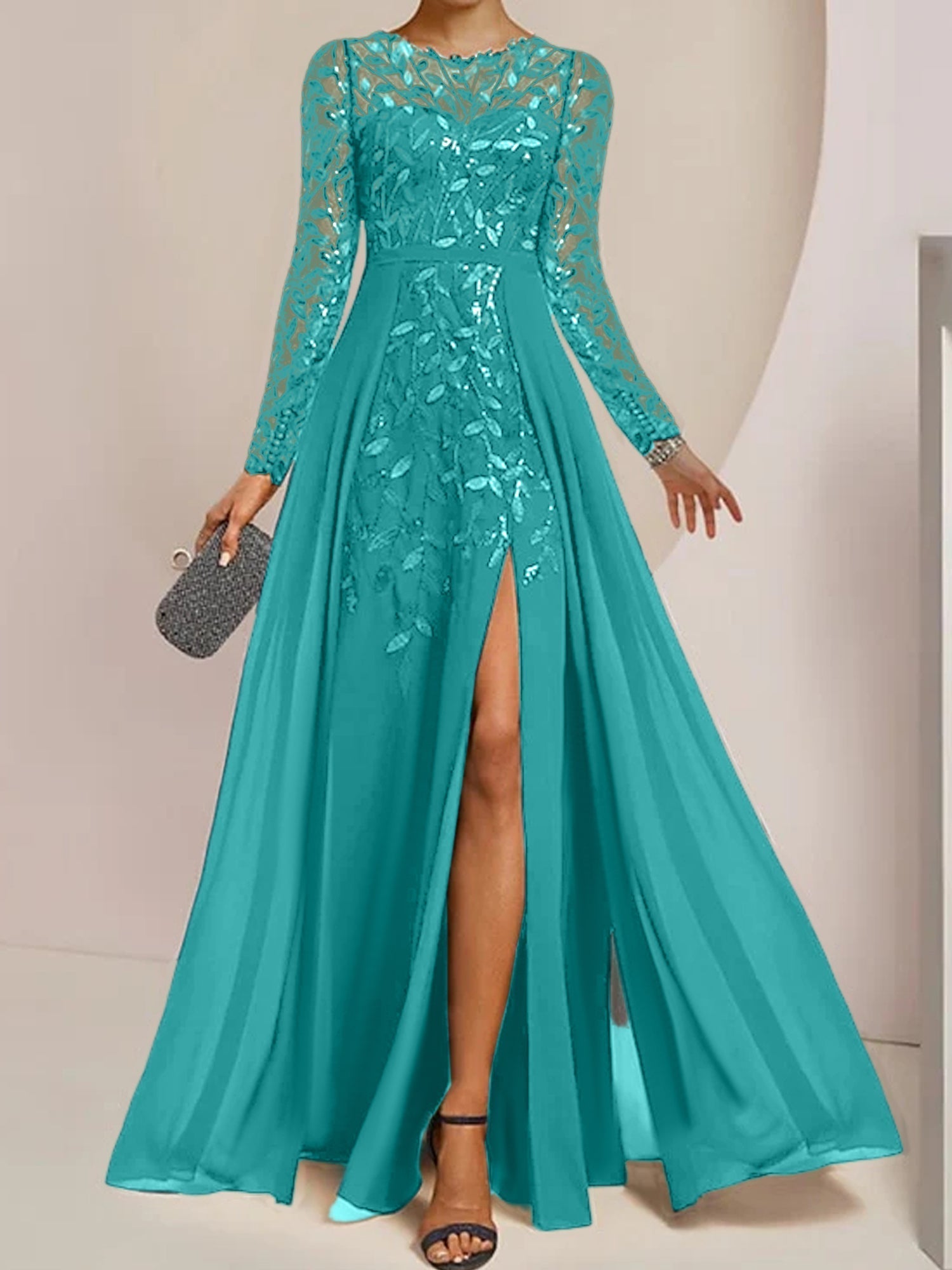 Vestidos de corte princesa/línea A para la madre de la novia, largos hasta el suelo, con abertura lateral, volantes y lentejuelas. 