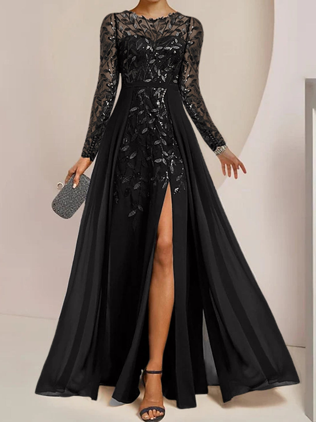 Vestidos de corte princesa/línea A para la madre de la novia, largos hasta el suelo, con abertura lateral, volantes y lentejuelas. 