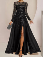 Vestidos de corte princesa/línea A para la madre de la novia, largos hasta el suelo, con abertura lateral, volantes y lentejuelas. 