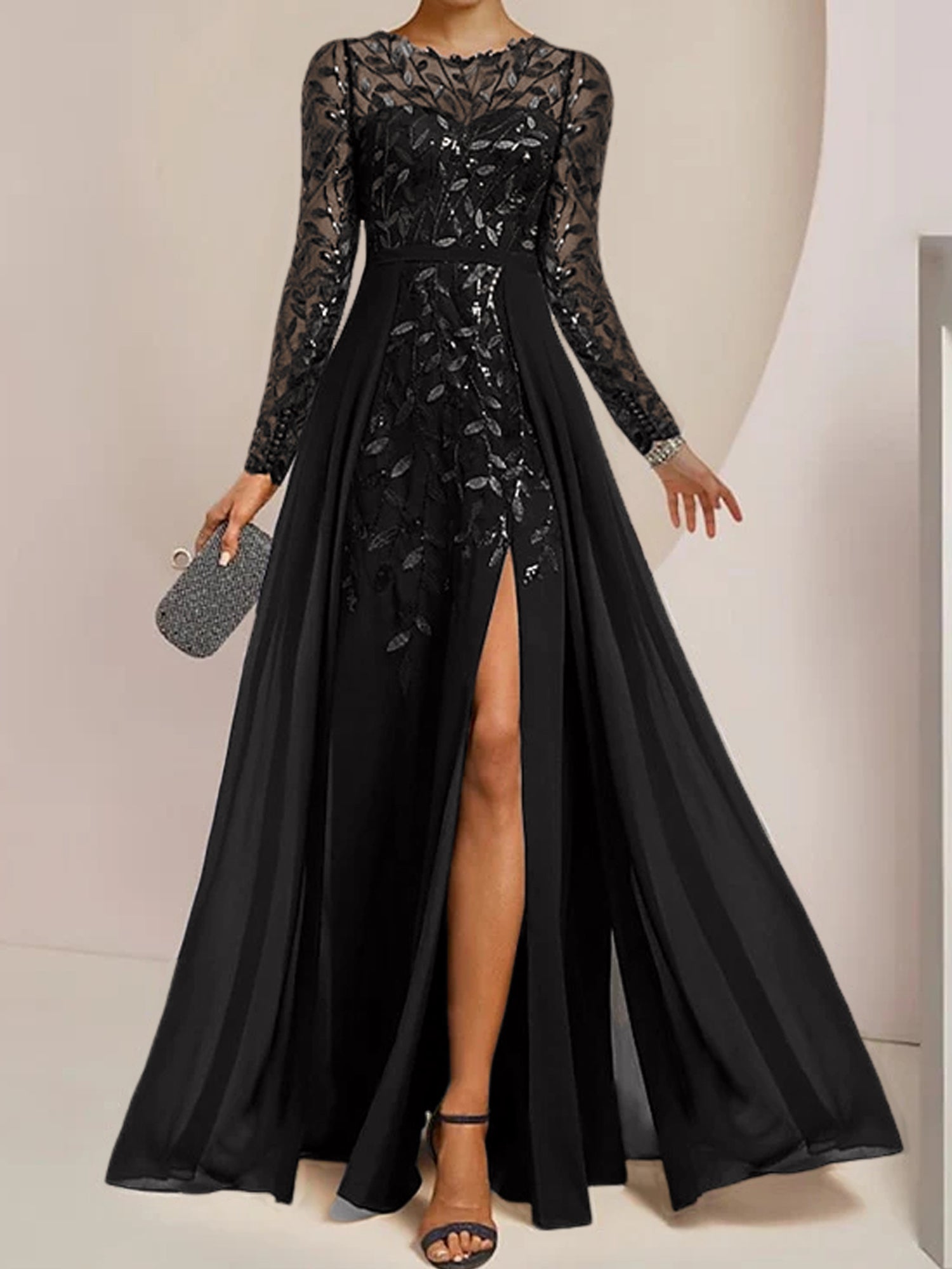 Vestidos de corte princesa/línea A para la madre de la novia, largos hasta el suelo, con abertura lateral, volantes y lentejuelas. 