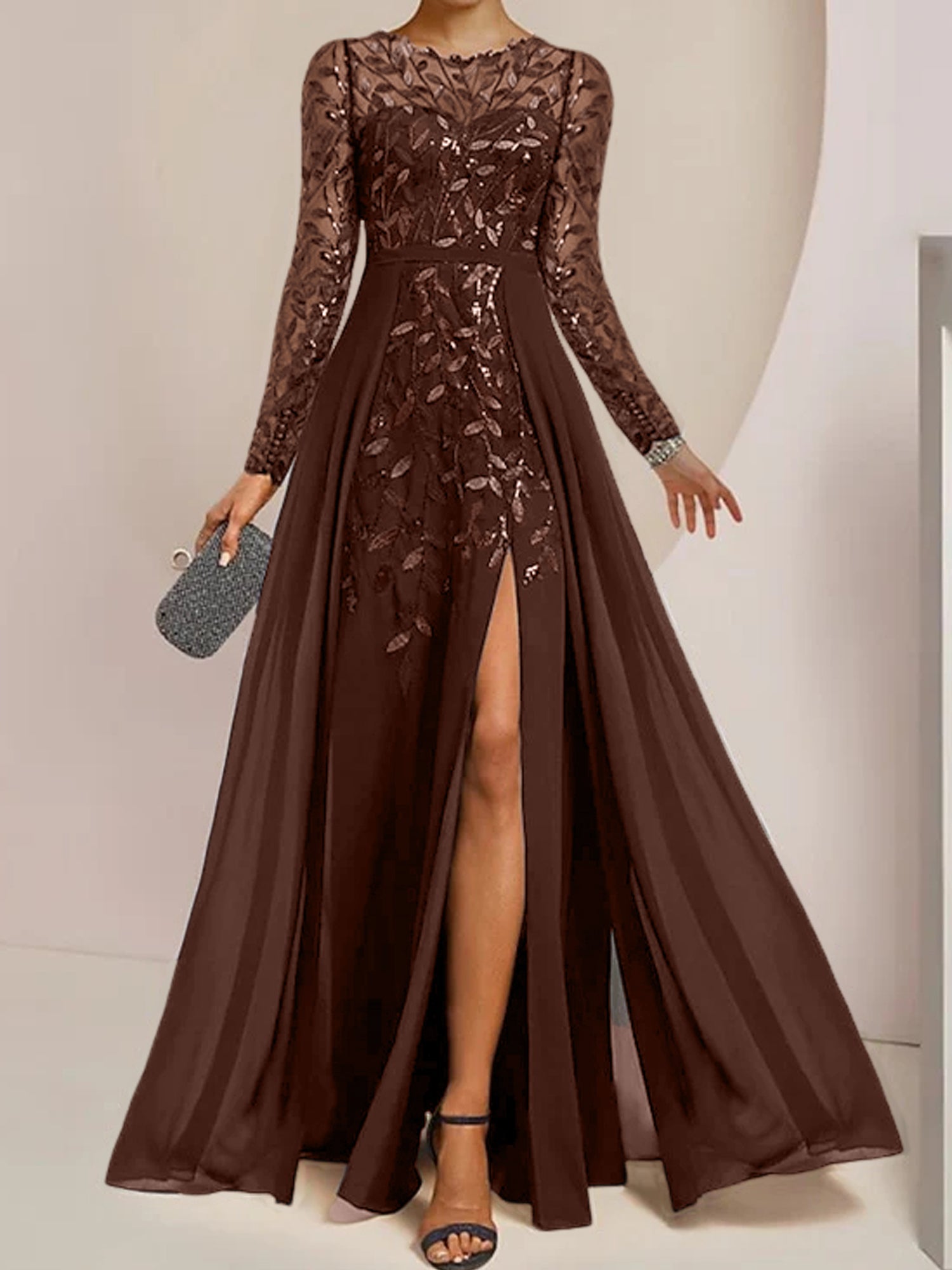 Vestidos de corte princesa/línea A para la madre de la novia, largos hasta el suelo, con abertura lateral, volantes y lentejuelas. 