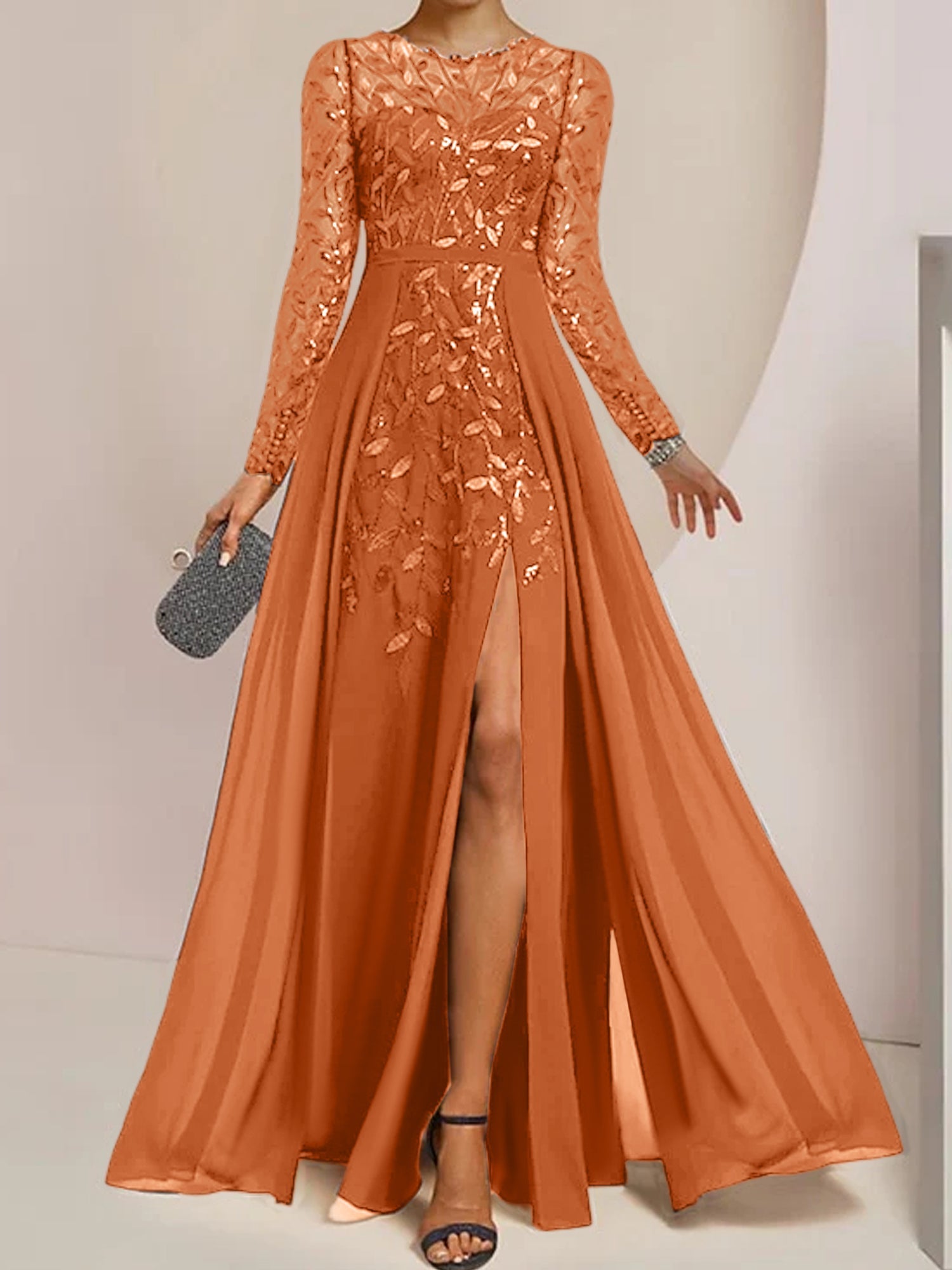 Vestidos de corte princesa/línea A para la madre de la novia, largos hasta el suelo, con abertura lateral, volantes y lentejuelas. 