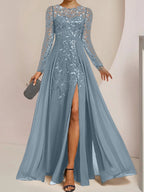 Vestidos de corte princesa/línea A para la madre de la novia, largos hasta el suelo, con abertura lateral, volantes y lentejuelas. 