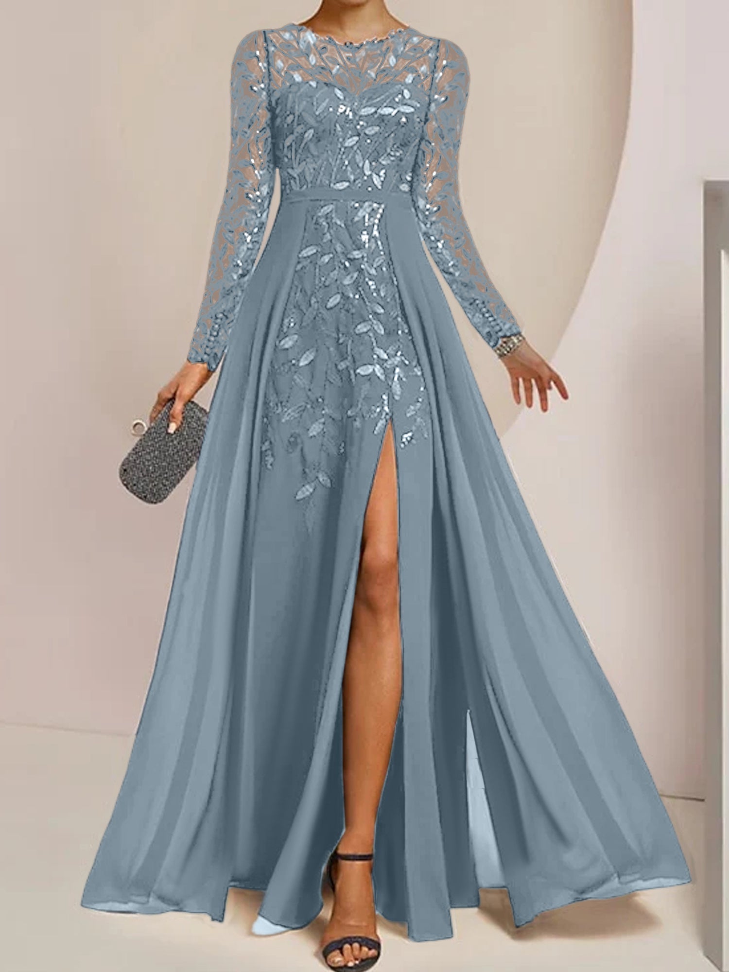 Vestidos de corte princesa/línea A para la madre de la novia, largos hasta el suelo, con abertura lateral, volantes y lentejuelas. 