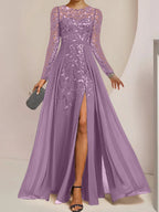 Vestidos de corte princesa/línea A para la madre de la novia, largos hasta el suelo, con abertura lateral, volantes y lentejuelas. 