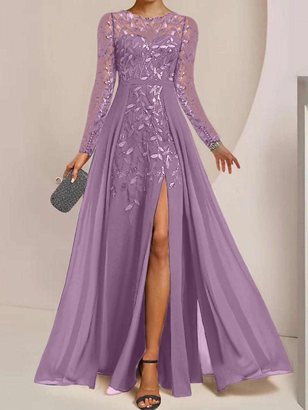 Vestidos de corte princesa/línea A para la madre de la novia, largos hasta el suelo, con abertura lateral, volantes y lentejuelas. 
