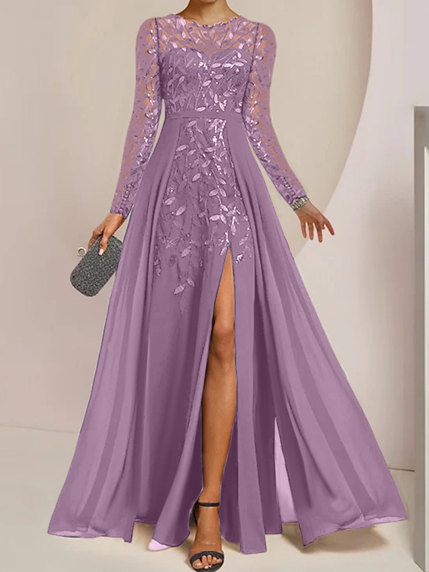 Vestidos de corte princesa/línea A para la madre de la novia, largos hasta el suelo, con abertura lateral, volantes y lentejuelas. 