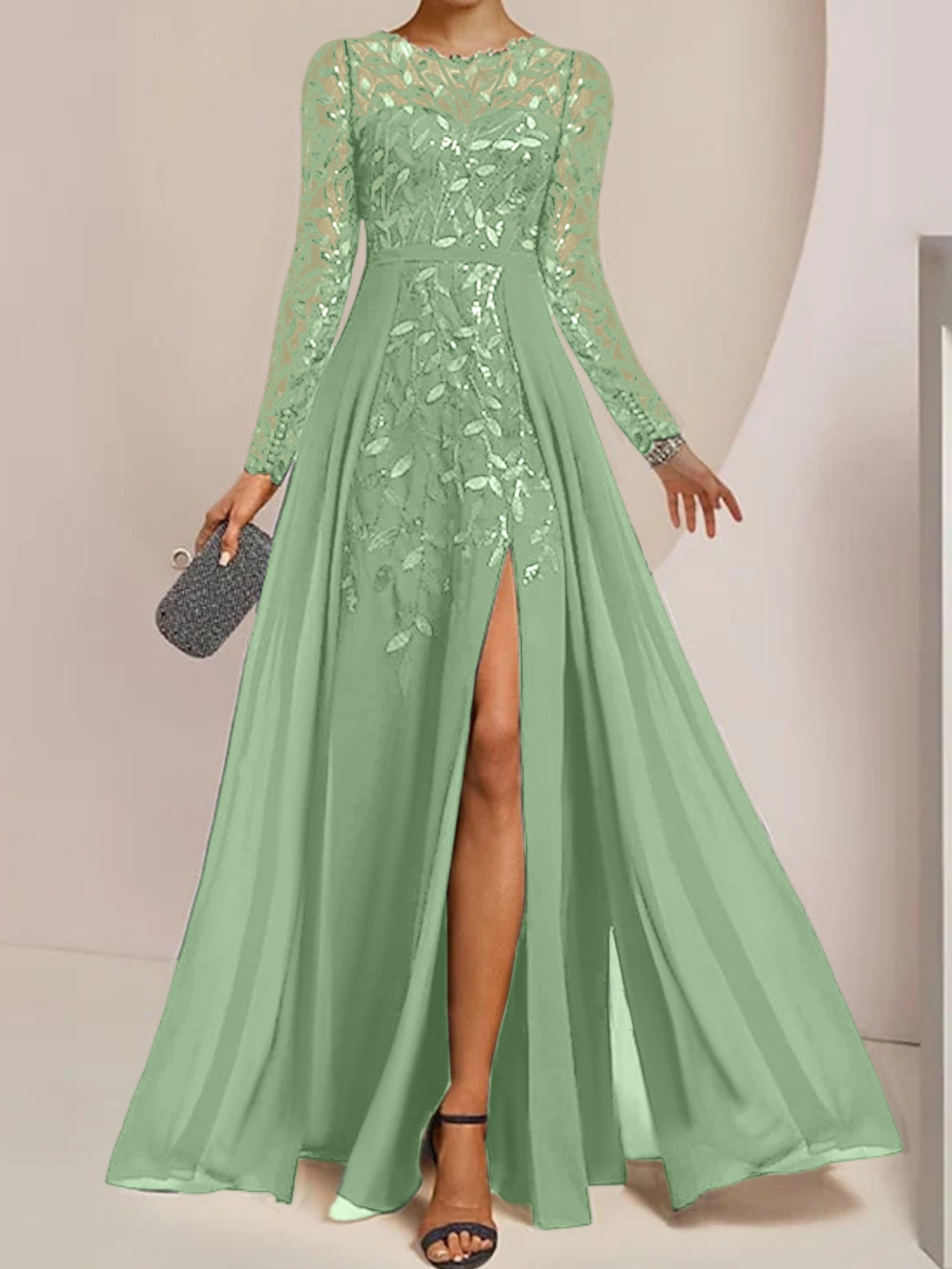 Vestidos de corte princesa/línea A para la madre de la novia, largos hasta el suelo, con abertura lateral, volantes y lentejuelas. 