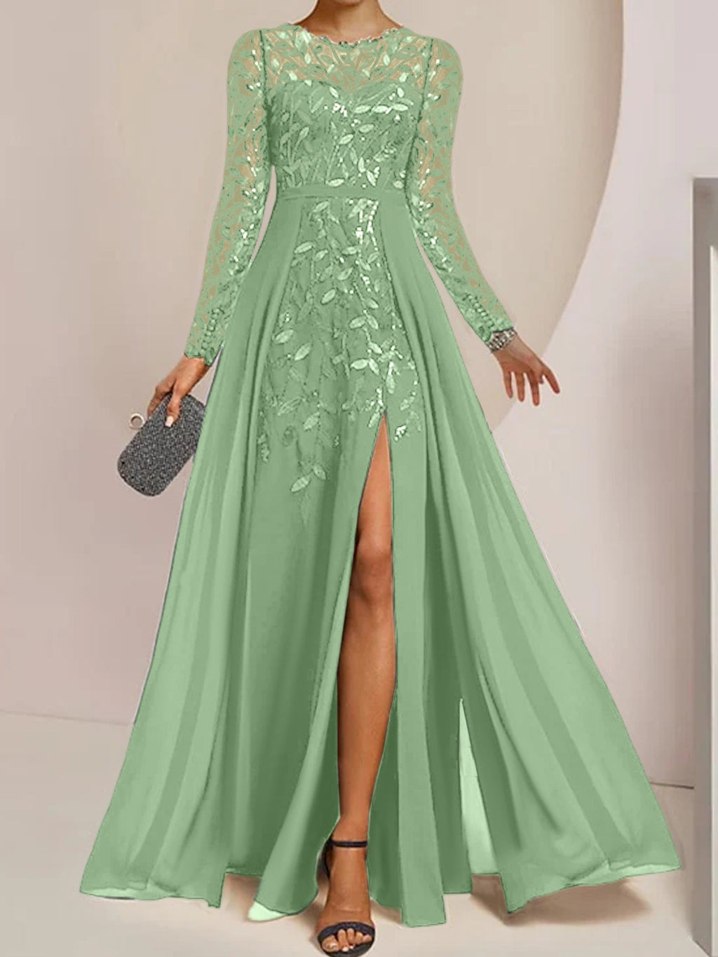 Vestidos de corte princesa/línea A para la madre de la novia, largos hasta el suelo, con abertura lateral, volantes y lentejuelas. 