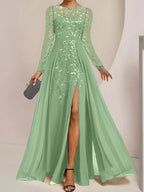 Vestidos de corte princesa/línea A para la madre de la novia, largos hasta el suelo, con abertura lateral, volantes y lentejuelas. 
