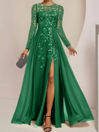 Vestidos de corte princesa/línea A para la madre de la novia, largos hasta el suelo, con abertura lateral, volantes y lentejuelas. 
