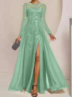 Vestidos de corte princesa/línea A para la madre de la novia, largos hasta el suelo, con abertura lateral, volantes y lentejuelas. 