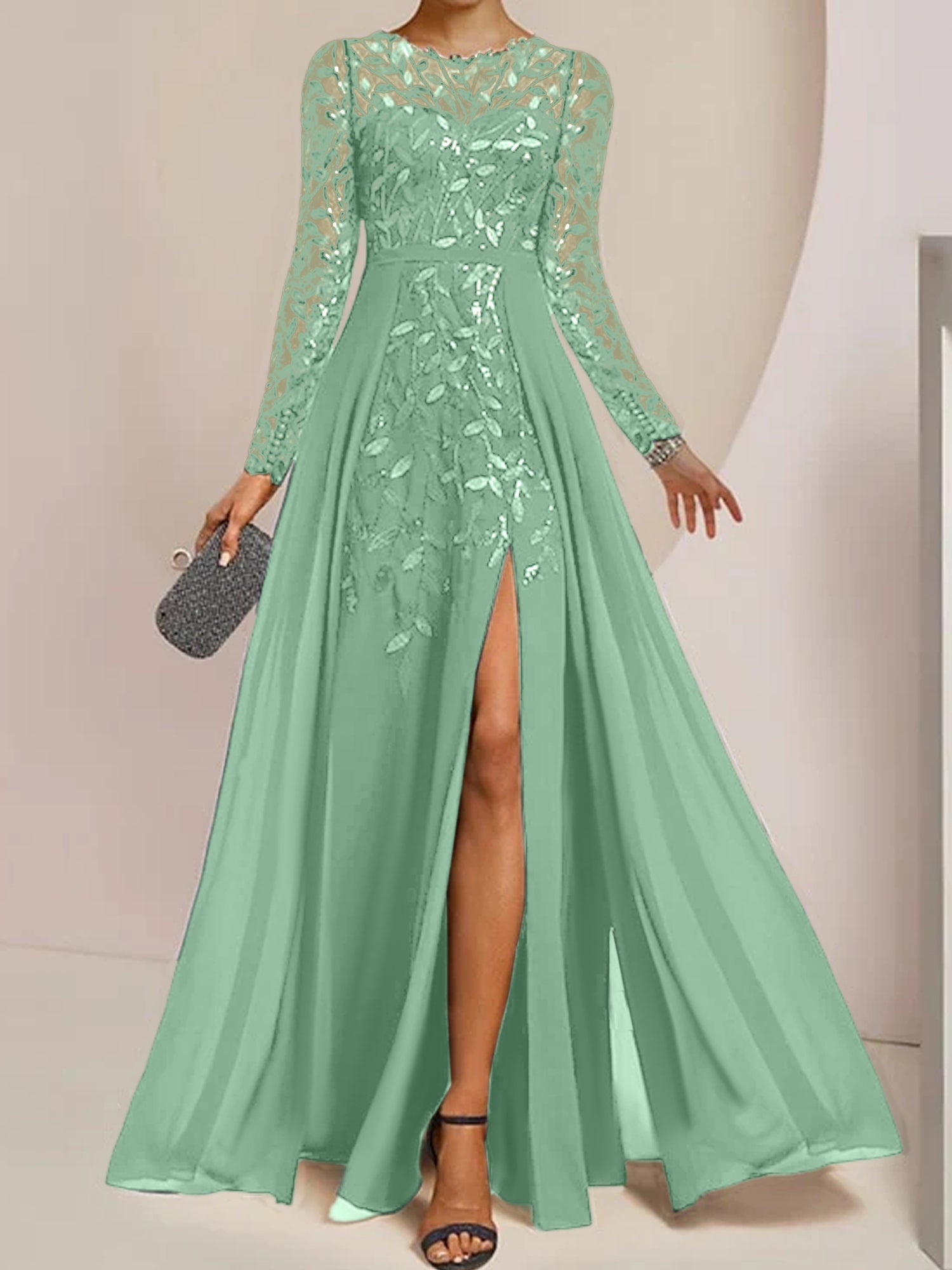 Vestidos de corte princesa/línea A para la madre de la novia, largos hasta el suelo, con abertura lateral, volantes y lentejuelas. 