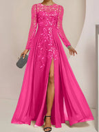 Vestidos de corte princesa/línea A para la madre de la novia, largos hasta el suelo, con abertura lateral, volantes y lentejuelas. 