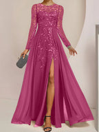 Vestidos de corte princesa/línea A para la madre de la novia, largos hasta el suelo, con abertura lateral, volantes y lentejuelas. 